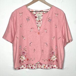 Studio Ease VTG Womens Linen Button Top 12 Pink Floral Crop Spring Brunch Easter